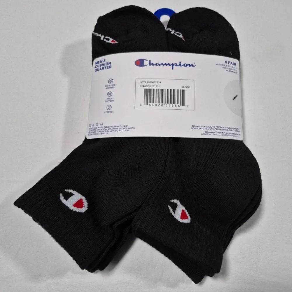 Champion Men’s Performance Cushion Quarter Ankle Socks 6 pairs black size 6-12